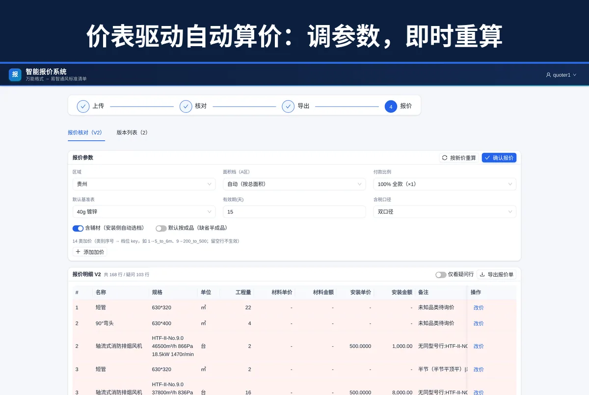 智能报价系统价表驱动自动算价界面截图